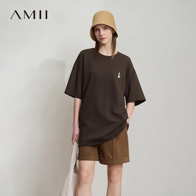 Amii Women's T-shirt 2026 Autumn New Crew Neck Short Sleeve T-Shirt Women's Letter Embroidered Casual Loose Elastic Top 12641118