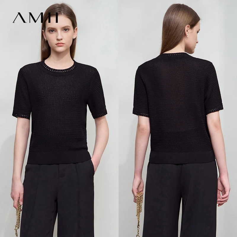 AMII Minimalism Loose Tops Fashion O-Neck Short Sleeve Comfortable Ventilate Green Knitted Sweater Women Clothing 12552106 - Image 3