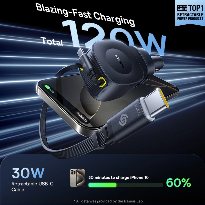 Baseus Car Charger 60W 100W 30W 240W 4 ports Built in Dual Retractable Cable PD Fast Charging USB Type-C Car Phone Charger - Image 2