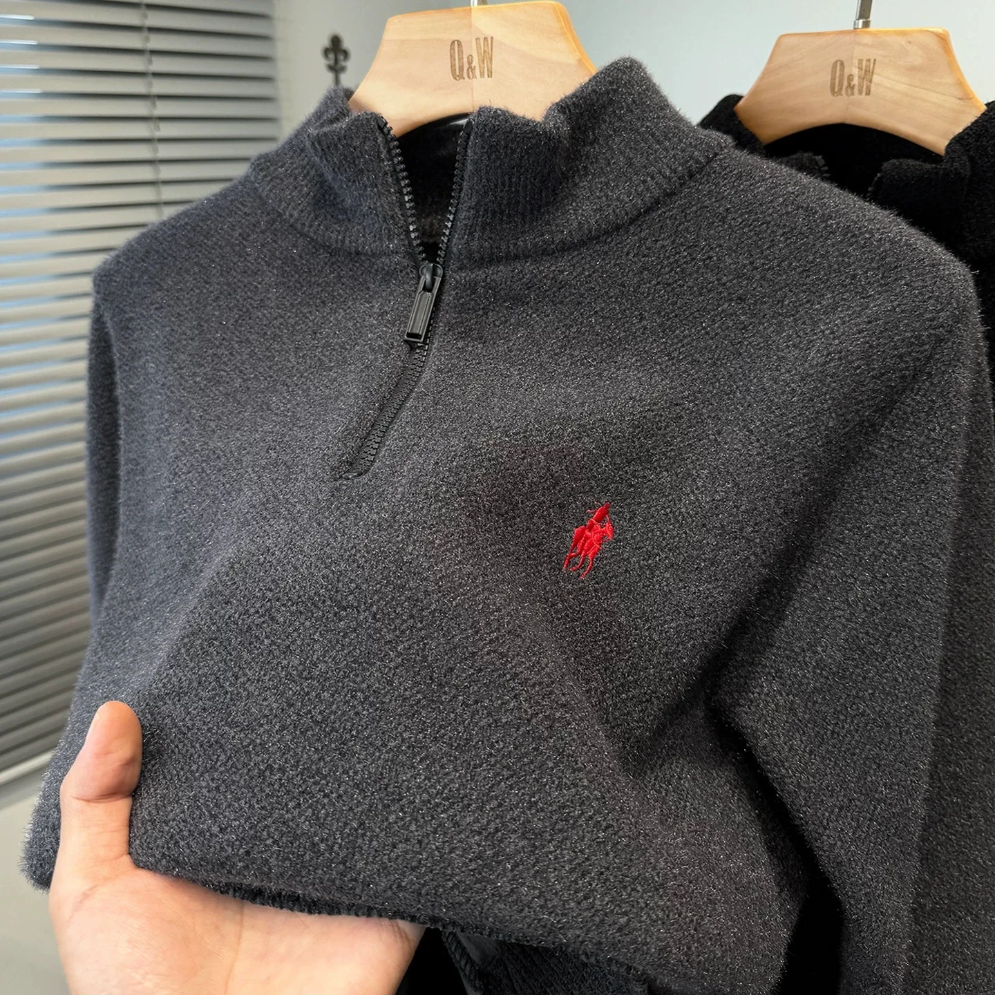 Luxury brand zipper semi high neck sweater men's high-end fashion ponytail golf embroidery winter new velvet warm knit pullover - Image 4