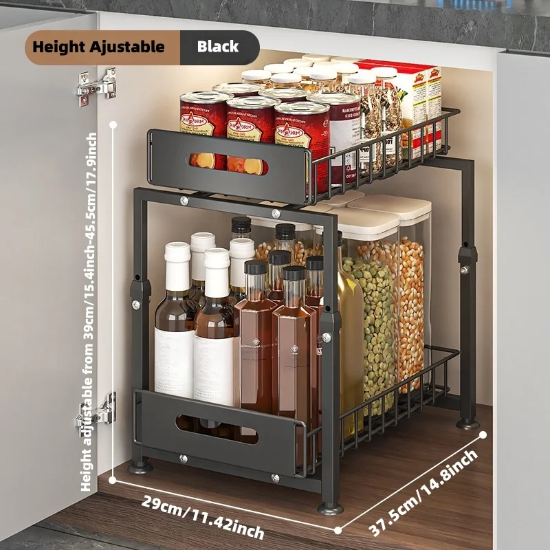 2-Tier Under Sink Pull Out Storage Rack, Height Adjustable Cabinet Organizer, Heavy Duty Thickened Metal Shelf, Multi-Use - Image 5