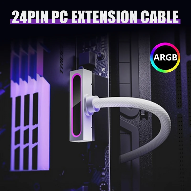 ATX Motherboard 24 Pins PSU Extension for PC ARGB Light with 5V 3Pin 90° Right-Angle 30cm PC CPU Cable Set One-Wire Connection - Image 3