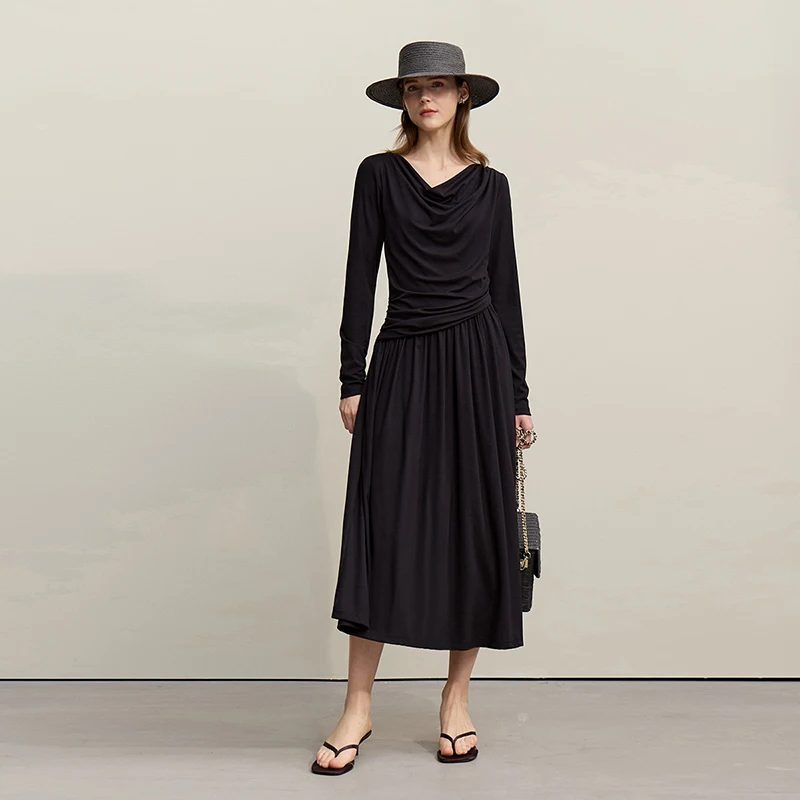 Amii Womens Dresses 2026 Autumn New Casual Elegant Asymmetric Cowl Neck Dress Women's Slim Waist Cinched A-Line Skirt 12641101 - Image 3