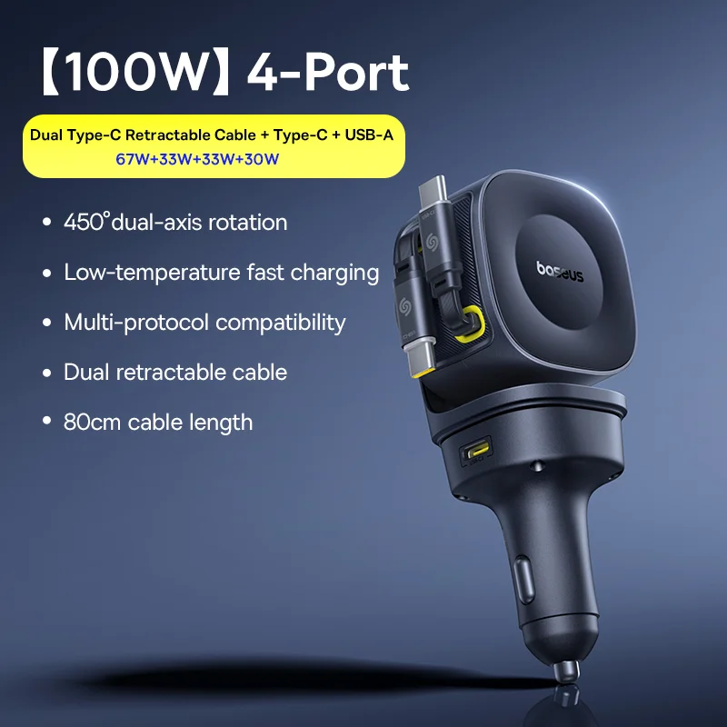 Baseus Car Charger 60W 100W 30W 240W 4 ports Built in Dual Retractable Cable PD Fast Charging USB Type-C Car Phone Charger - Image 7