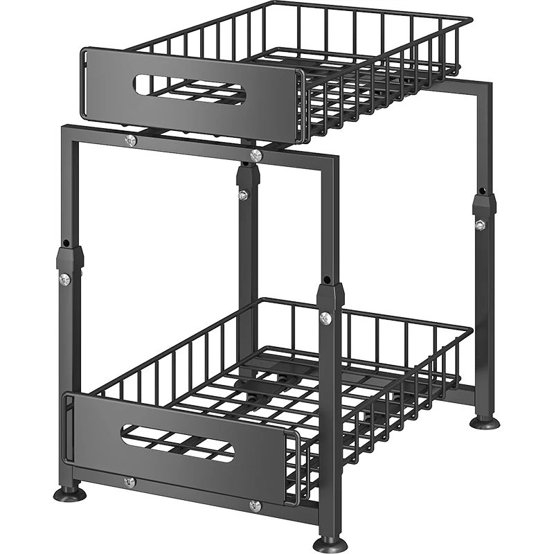 2-Tier Under Sink Pull Out Storage Rack, Height Adjustable Cabinet Organizer, Heavy Duty Thickened Metal Shelf, Multi-Use - Image 7