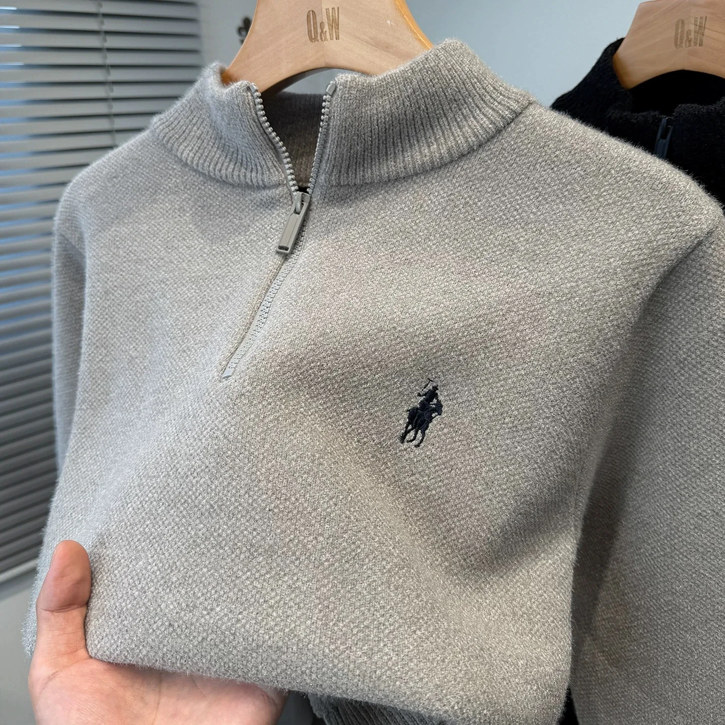 Luxury brand zipper semi high neck sweater men's high-end fashion ponytail golf embroidery winter new velvet warm knit pullover - Image 3