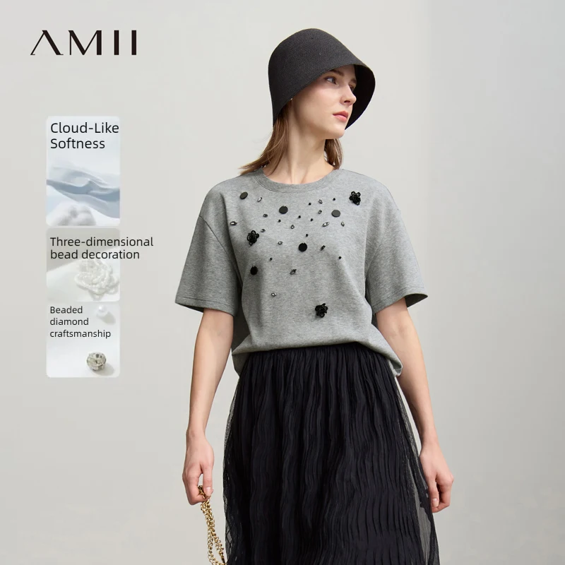 Amii Short Sleeve Tee 2026 Spring New Crew Neck Three-dimensional Bead Flower Bead Diamond Knit T-Shirt Loose Women Top 12641038