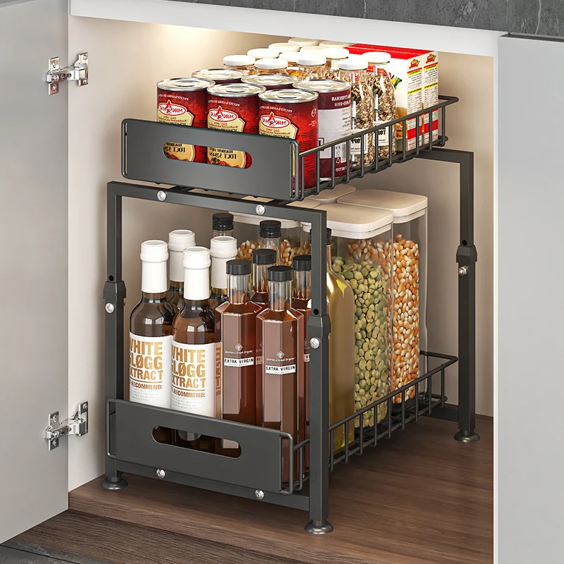 2-Tier Under Sink Pull Out Storage Rack, Height Adjustable Cabinet Organizer, Heavy Duty Thickened Metal Shelf, Multi-Use