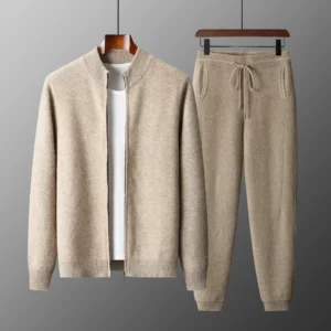 100% Merino Wool Trousers Cardigan Sweater Men Knitwear Thick Zipper Jacket Pencil Pants Autumn Winter Clothes High-end Man set
