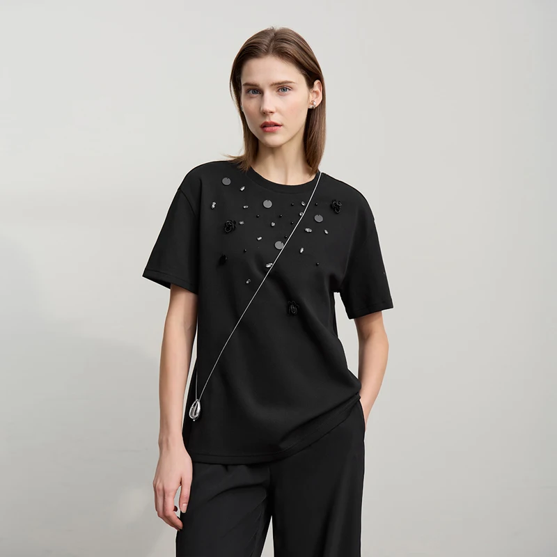 Amii Short Sleeve Tee 2026 Spring New Crew Neck Three-dimensional Bead Flower Bead Diamond Knit T-Shirt Loose Women Top 12641038 - Image 5