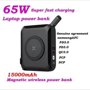 15000mAh 65W Fast Charge Magnetic Power Bank Integrated Cable Convertible EU UK Plug Travel Laptop Charger for Watch Phone PD