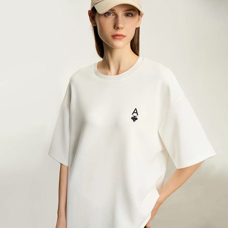 Amii Women's T-shirt 2026 Autumn New Crew Neck Short Sleeve T-Shirt Women's Letter Embroidered Casual Loose Elastic Top 12641118 - Image 2