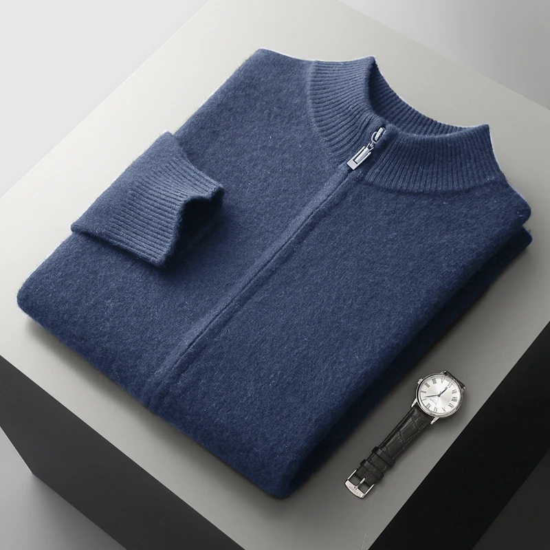 100% Merino Wool Trousers Cardigan Sweater Men Knitwear Thick Zipper Jacket Pencil Pants Autumn Winter Clothes High-end Man set - Image 8