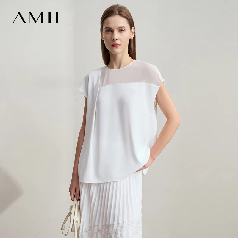 Amii Women's Top Minimalist Summer New Commuting O-Neck Pullover Raglan Short Sleeve Slightly Off-Shoulder Loose Shirt 12542146