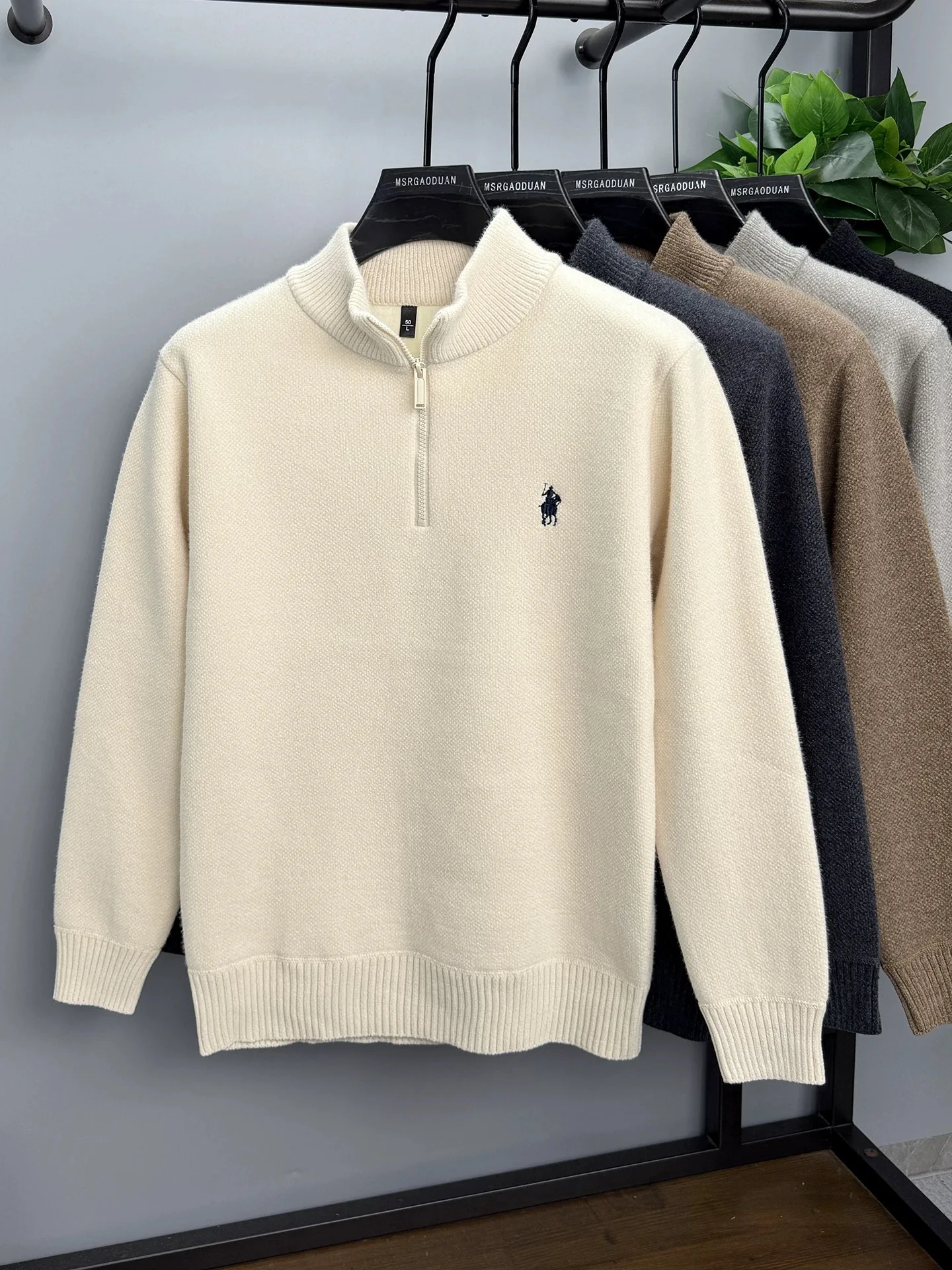 Luxury brand zipper semi high neck sweater men's high-end fashion ponytail golf embroidery winter new velvet warm knit pullover - Image 6