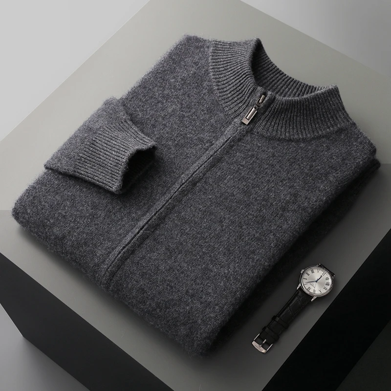 100% Merino Wool Trousers Cardigan Sweater Men Knitwear Thick Zipper Jacket Pencil Pants Autumn Winter Clothes High-end Man set - Image 9