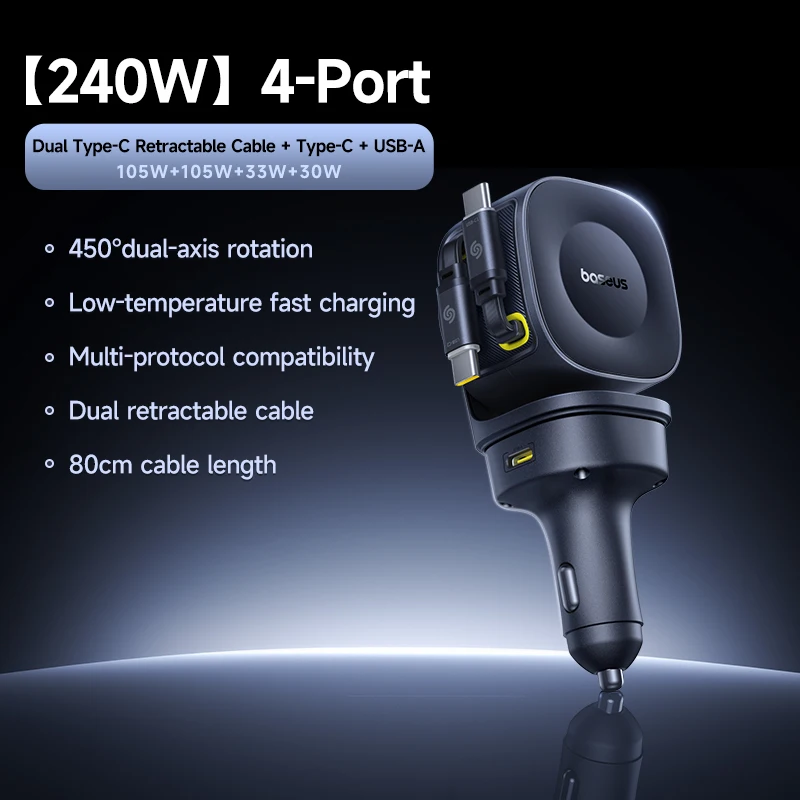 Baseus Car Charger 60W 100W 30W 240W 4 ports Built in Dual Retractable Cable PD Fast Charging USB Type-C Car Phone Charger - Image 9