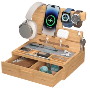Bamboo Phone Docking Station with Drawer Nightstand Charging Organizer for Men and Women Bedside Holder Stand for Watches