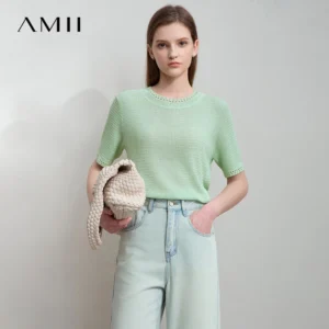 AMII Minimalism Loose Tops Fashion O-Neck Short Sleeve Comfortable Ventilate Green Knitted Sweater Women Clothing 12552106