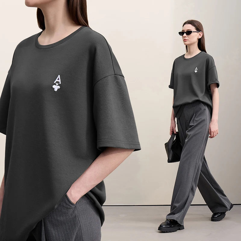 Amii Women's T-shirt 2026 Autumn New Crew Neck Short Sleeve T-Shirt Women's Letter Embroidered Casual Loose Elastic Top 12641118 - Image 4