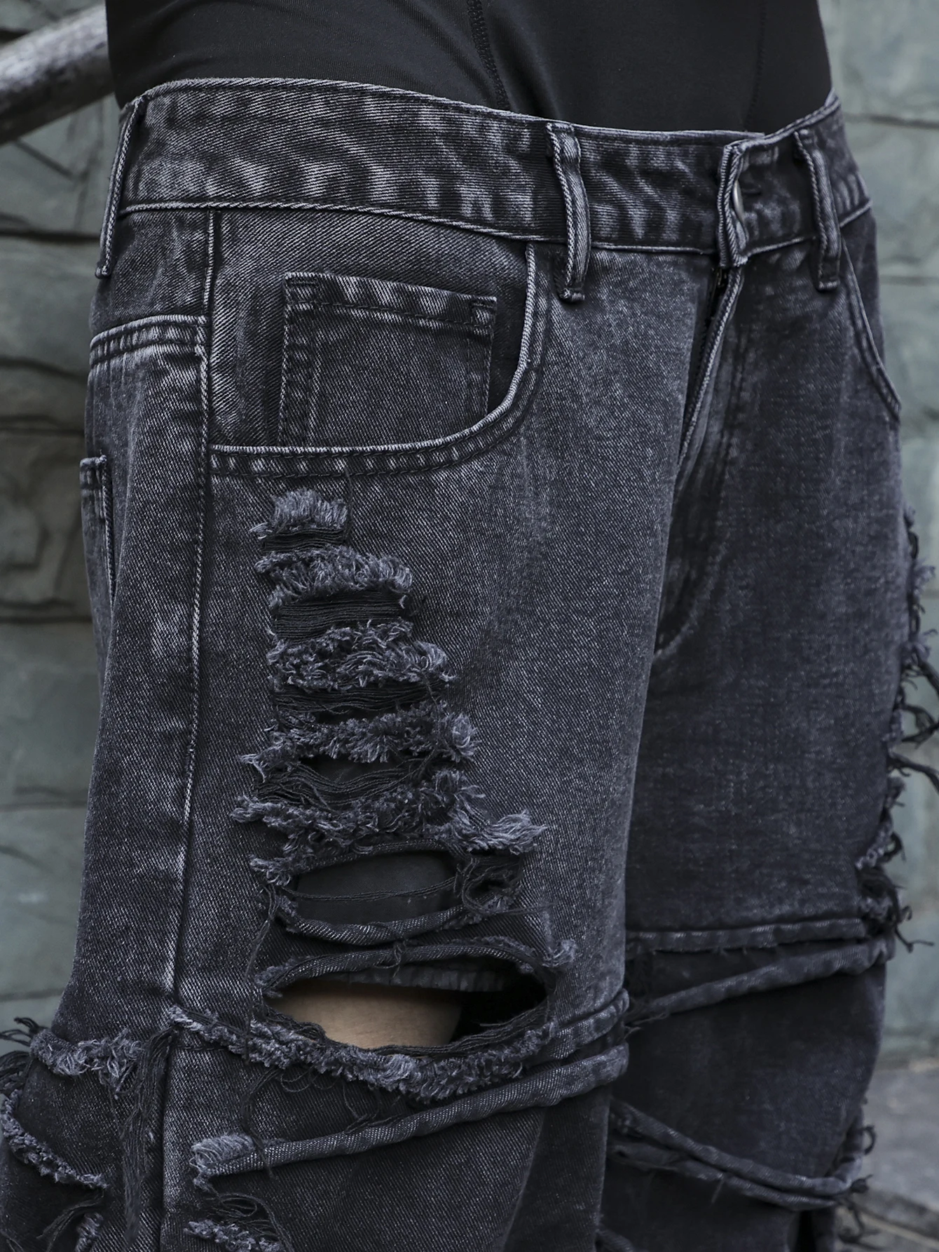 Men's black jeans. With a design of (ripped holes) and tassels. In a street trend style. - Image 5