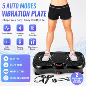 Whole Body Vibration Plate Exercise Machine, Bluetooth Speaker, 5 Auto Modes, LED Display, Resistance Bands for Home Fitness Training