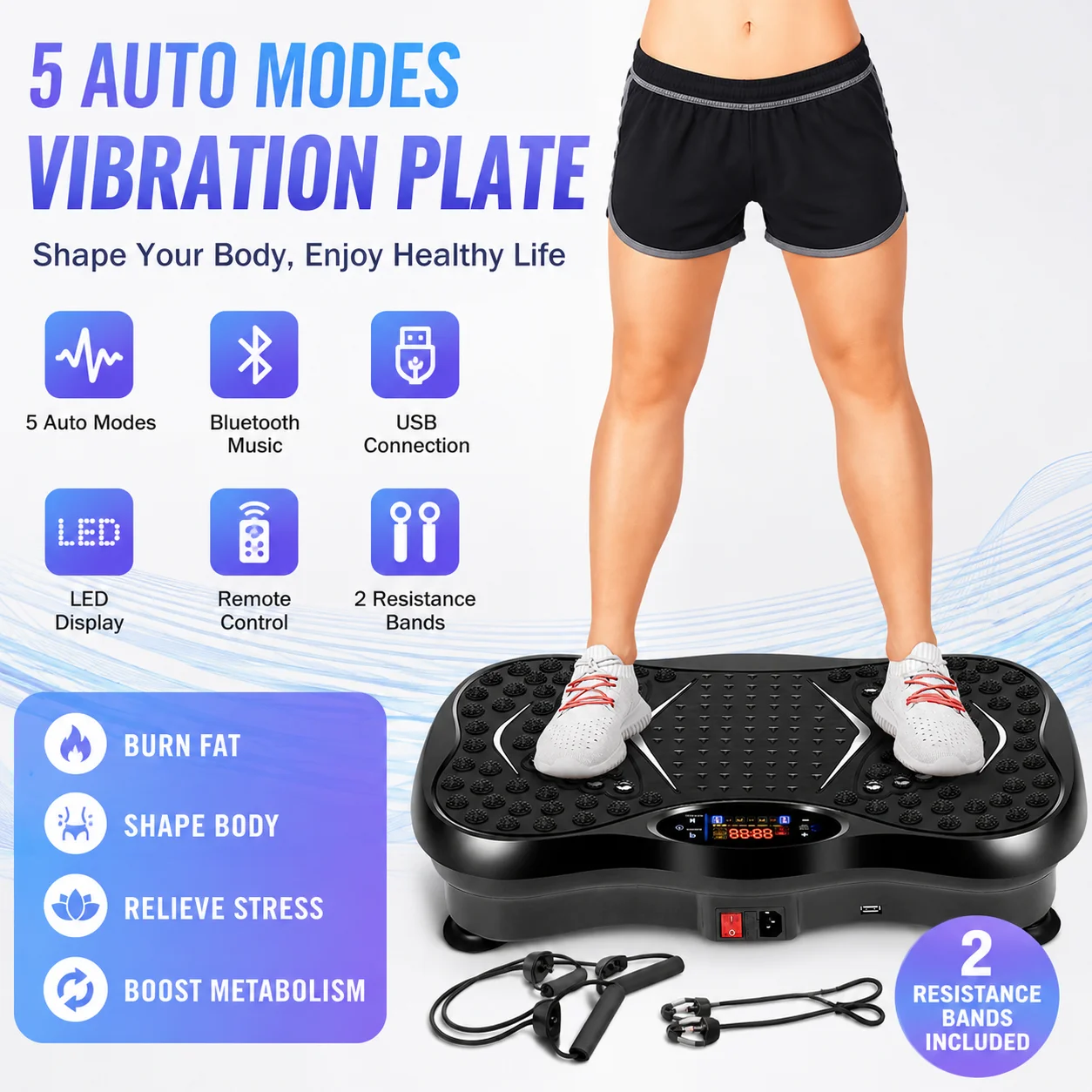 Whole Body Vibration Plate Exercise Machine, Bluetooth Speaker, 5 Auto Modes, LED Display, Resistance Bands for Home Fitness Training