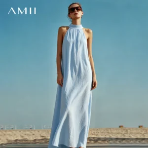 Amii Sleeveless Women's Dress 2026 Summer New Back Button Lapel Collar Loose Fit Casual A-Line Long Dress For Women 12642137