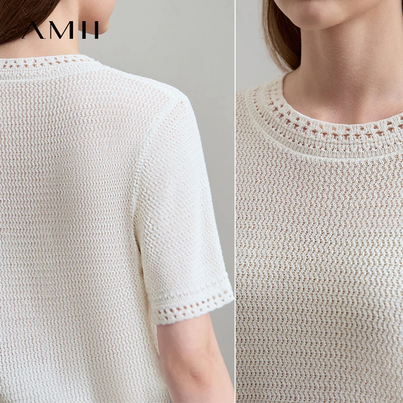 AMII Minimalism Loose Tops Fashion O-Neck Short Sleeve Comfortable Ventilate Green Knitted Sweater Women Clothing 12552106 - Image 4