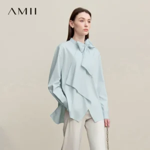 Amii Women Shirt 2026 Autumn New French Elegant Beaded Stand-up Collar Women's Shirt Asymmetrical Loose Ruffle Blouse 12641017