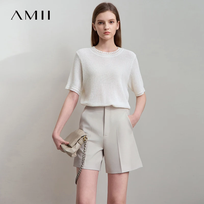 AMII Minimalism Loose Tops Fashion O-Neck Short Sleeve Comfortable Ventilate Green Knitted Sweater Women Clothing 12552106 - Image 2