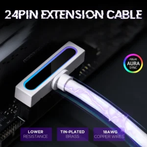 ATX Motherboard 24 Pins PSU Extension for PC ARGB Light with 5V 3Pin 90° Right-Angle 30cm PC CPU Cable Set One-Wire Connection