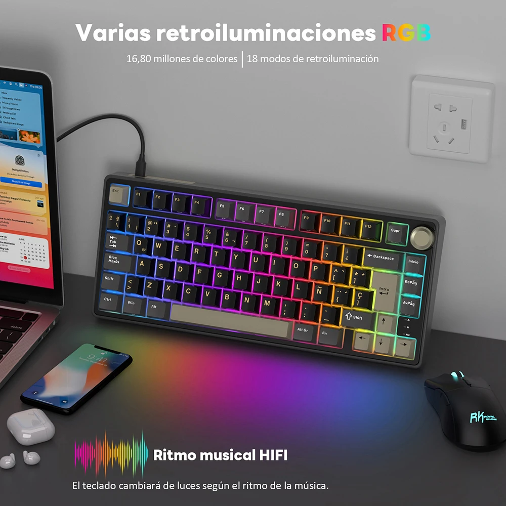 RK Royal Kludge R75 Gasket Mechanical Keyboard 75% RGB Backlit Hot-swappable Wired Spanish Gaming Keyboard with PBT Keycaps Knob - Image 5