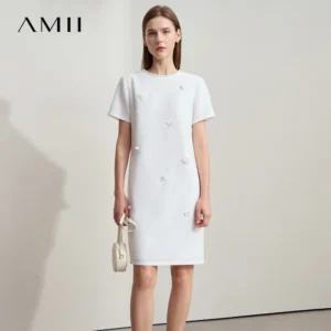 Amii Minimalism Casual Dresses 2025 Summer New Office Lady Elegant Fragrance Beaded Flower Comfort Luxury Women Dresses 12542254