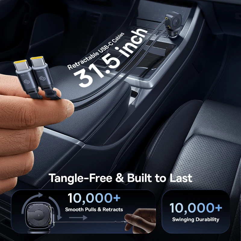 Baseus Car Charger 60W 100W 30W 240W 4 ports Built in Dual Retractable Cable PD Fast Charging USB Type-C Car Phone Charger - Image 4