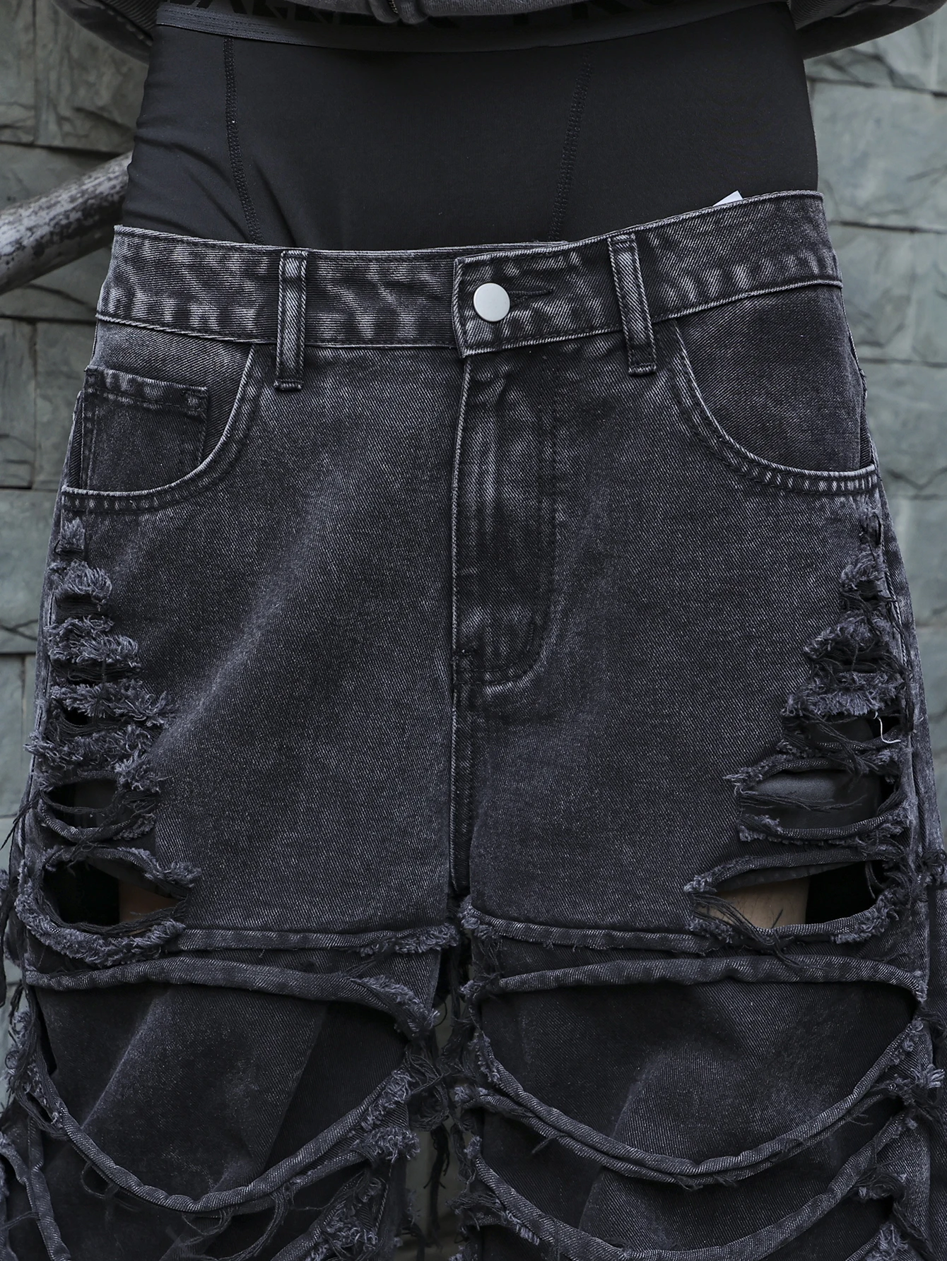 Men's black jeans. With a design of (ripped holes) and tassels. In a street trend style. - Image 4