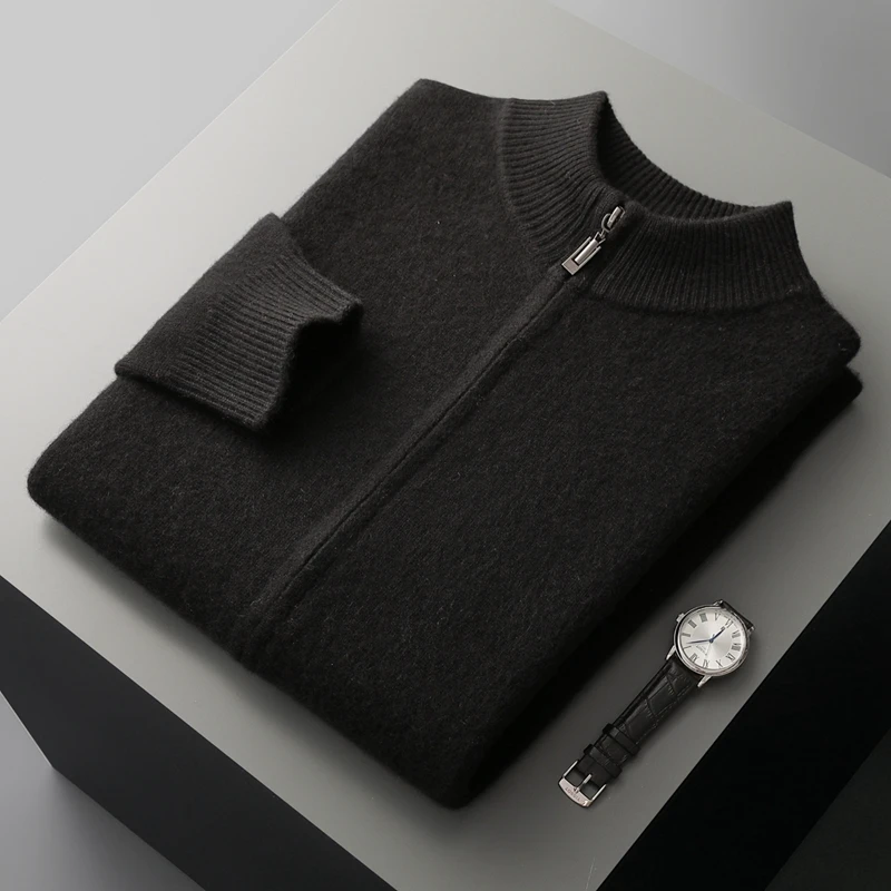 100% Merino Wool Trousers Cardigan Sweater Men Knitwear Thick Zipper Jacket Pencil Pants Autumn Winter Clothes High-end Man set - Image 7